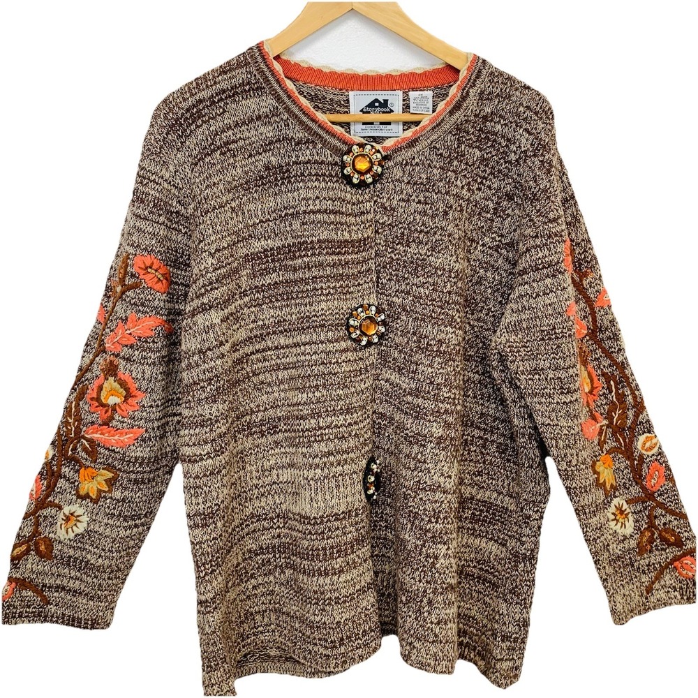 Vtg ‎ Storybrook Knits Floral Embroidered Cardigan 2X Button Front Cotton Rami